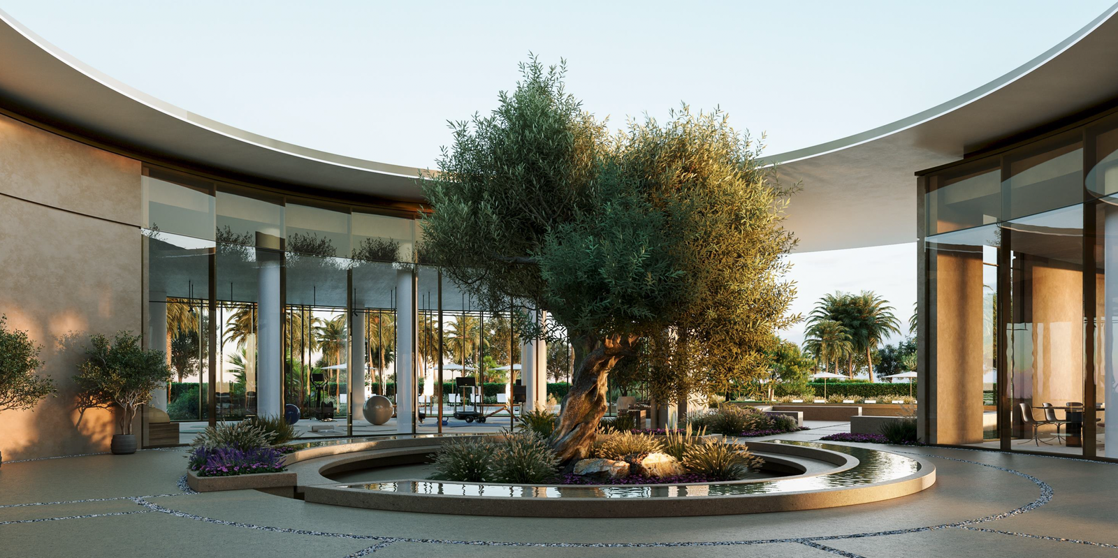 Sustainable villas and townhouses at Fay Valley, Masdar City featuring modern desert architecture and lush greenery.